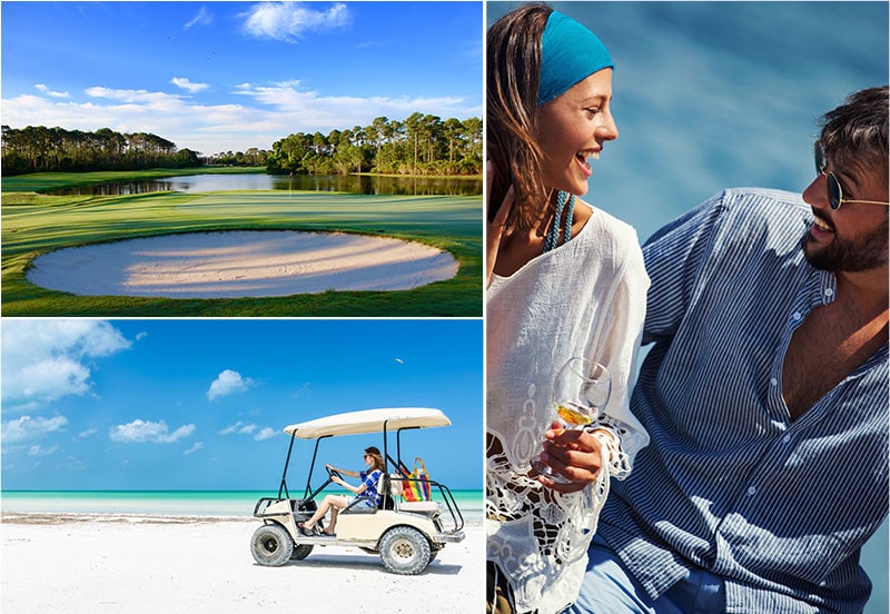 collage of golf course, golf cart on beach and couple